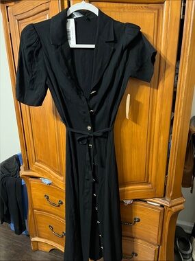 Black Button-Front Midi Dress with Tie Waist